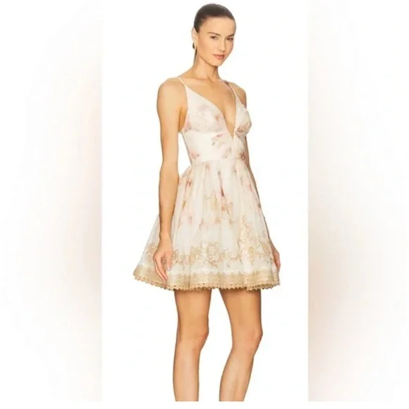 Zimmermann Hypnotic Plunge Neck Linen Silk Minidress In Cream Peony AU 3 US 10 - Picture 2 of 16